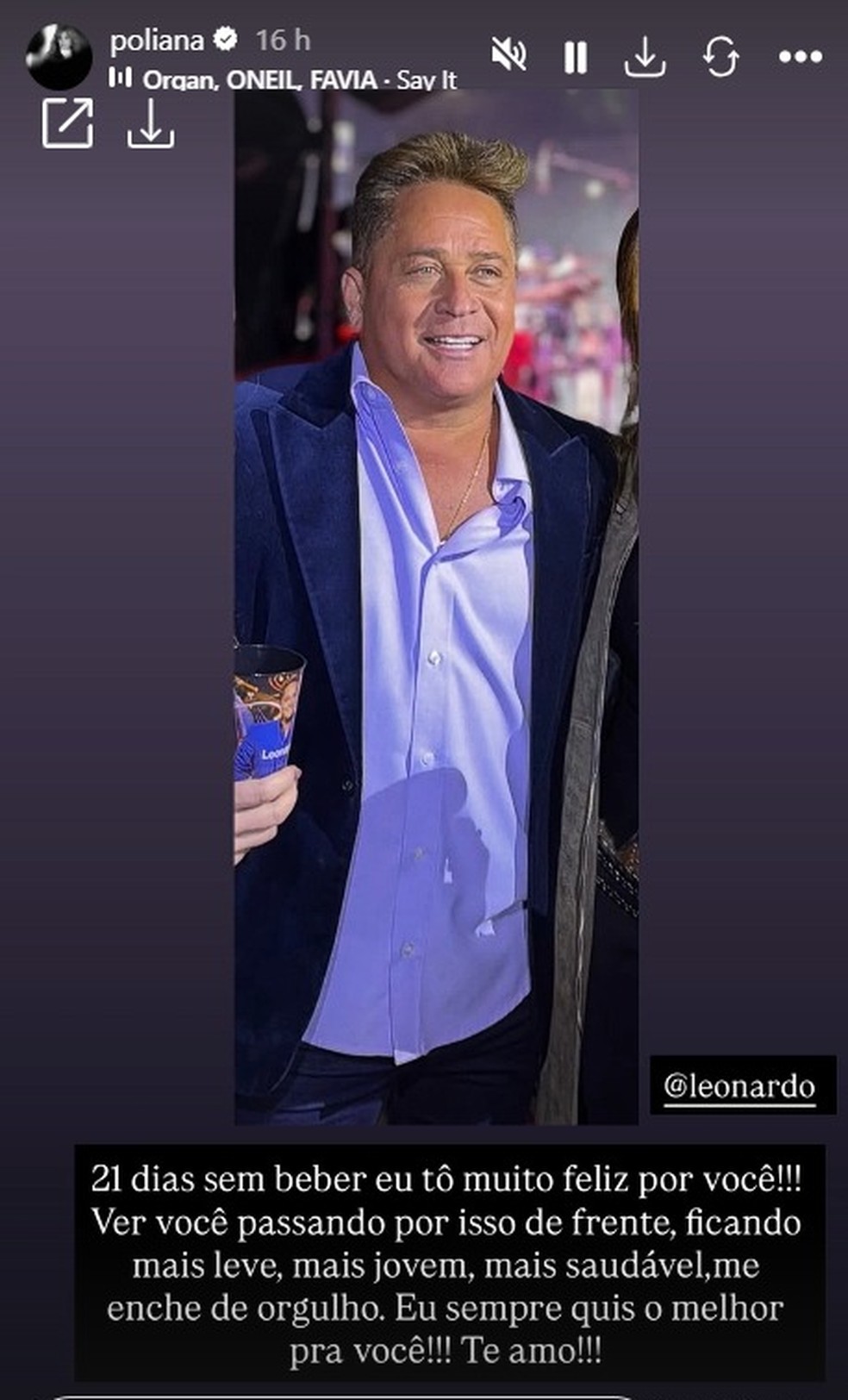 Poliana comemora os 21 dias do marido Leonardo sem álcool — Foto: Reprodução/Instagram