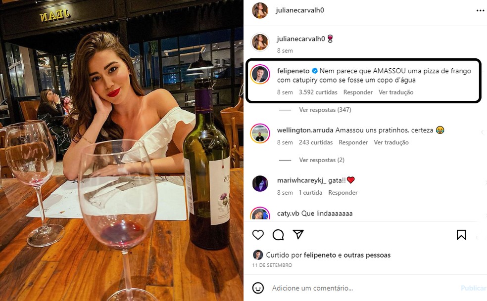 Felipe Neto comenta foto de Juliane — Foto: Reprodução/Instagram