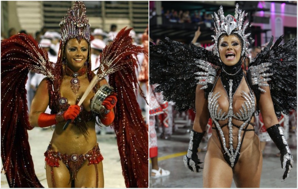 Viviane Ara&uacute;jo na estreia no Salgueiro, em 2008, e em 2025, 18 anos depois &mdash; Foto: Reprodu&ccedil;&atilde;o/Instagram e Tata Barreto | Riotur