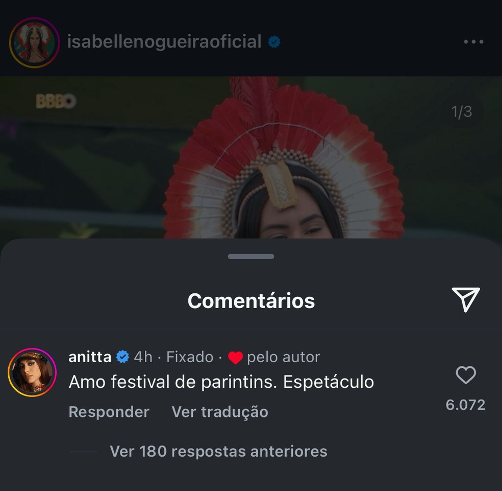 Anitta comenta post de Isabelle e exalta Festival de Parintins: 'Espetáculo' — Foto: Reprodução: Instagram