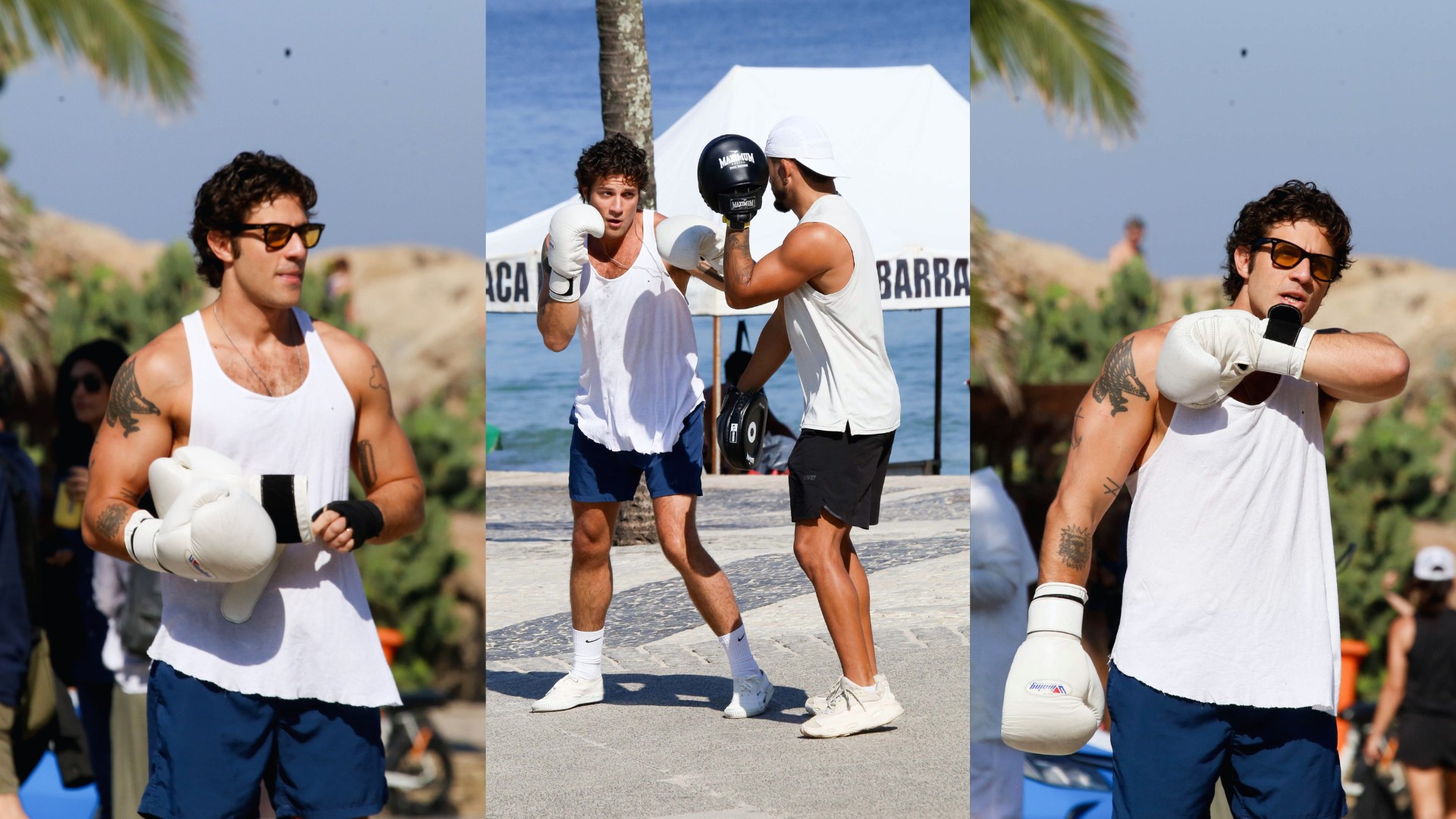 Chay Suede mostra habilidade durante treino de boxe em praia da Zona Sul do Rio
