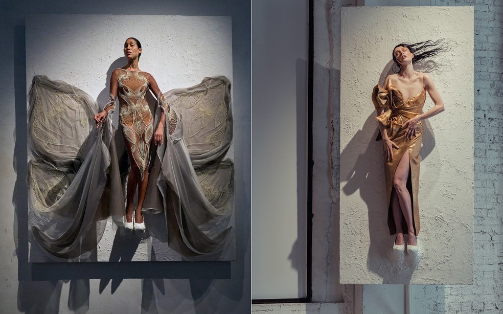 Apresentação de Iris Van Herpen, em Paris, tem modelos suspensas em quadros — Foto: Reprodução/Instagram