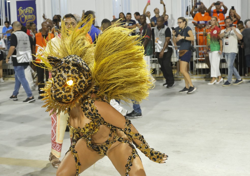 Paolla 'vira onça' com fantasia no desfile da Grande Rio — Foto: Marcos Serra Lima/gshow