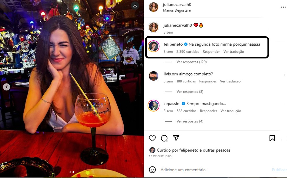 Felipe deixa comentário na foto de Juliane — Foto: Reprodução/Instagram