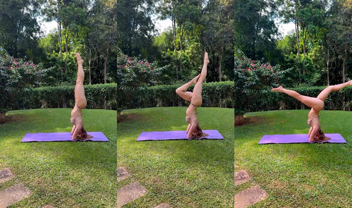 Após o Carnaval, Letícia Spiller esbanja equilíbrio em posição de ioga: 'Descanso'