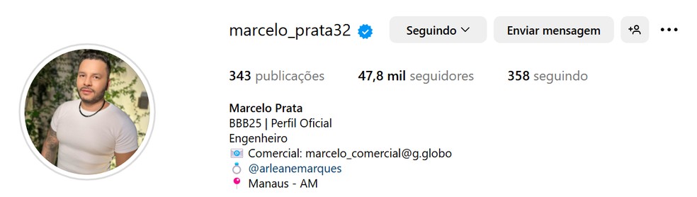 Perfil de Marcelo após 2 meses de programa — Foto: Reprodução / Instagram