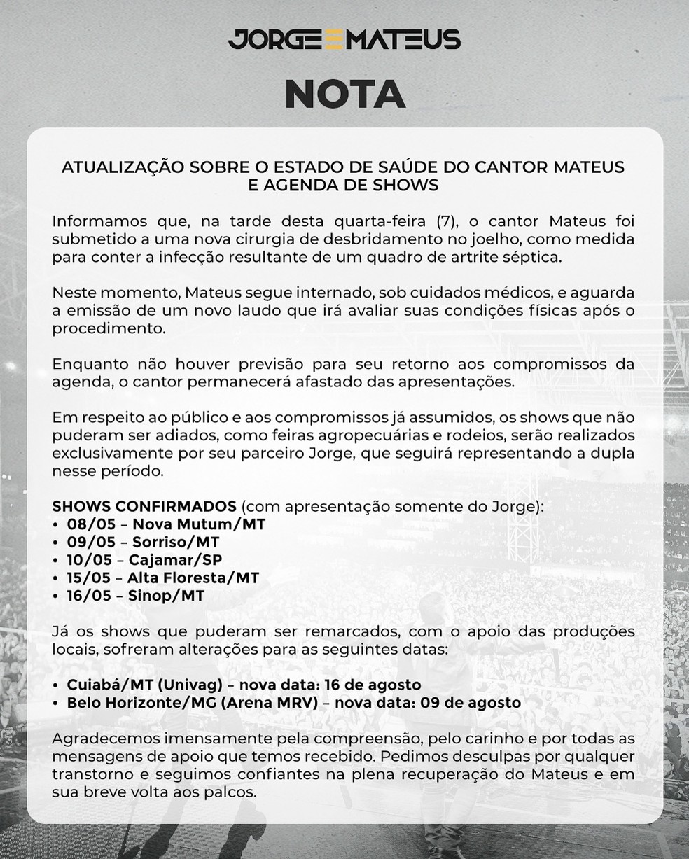 Comunicado divulgado por assessoria de Jorge e Mateus — Foto: Instagram