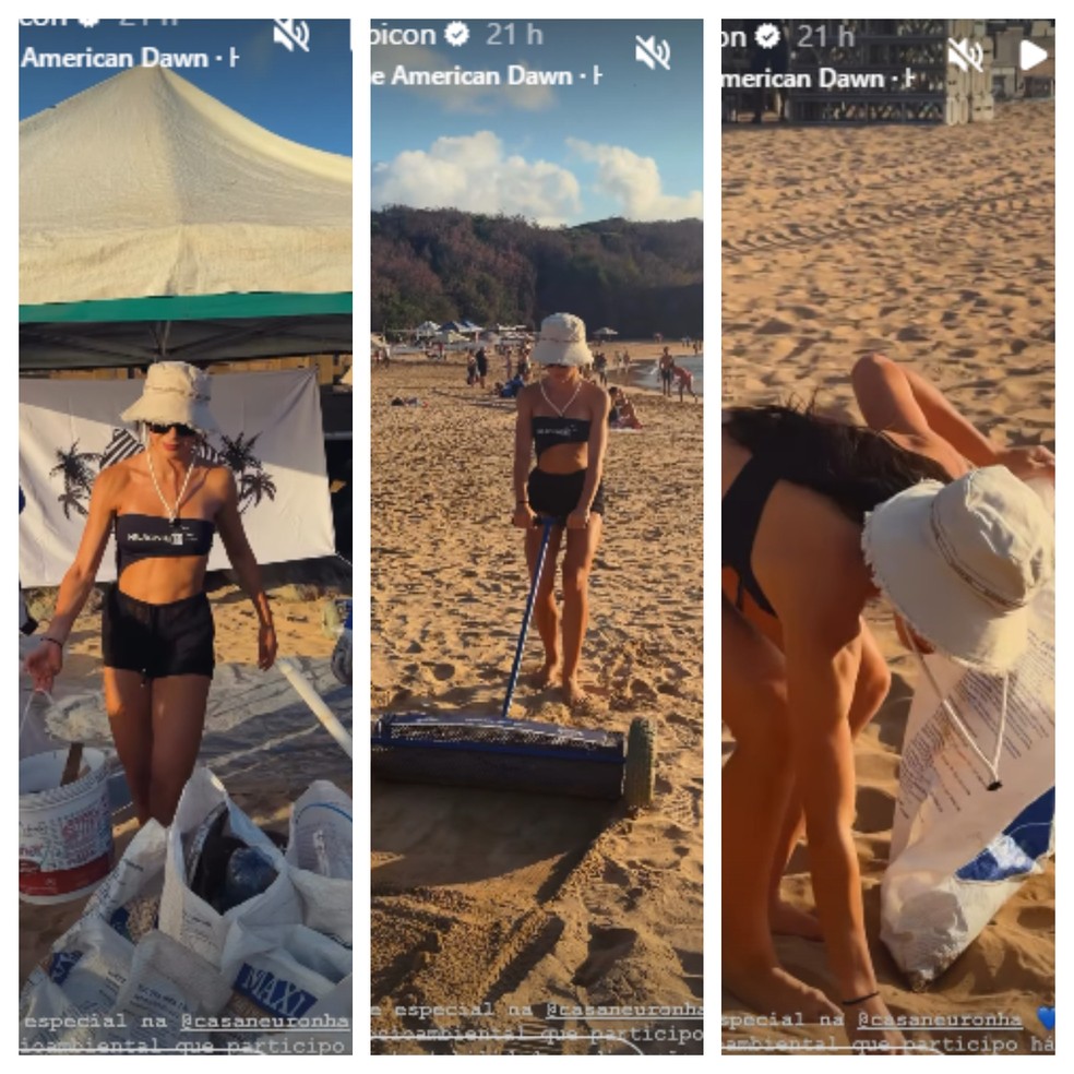 Jade Picon ajudando a manter a praia de Noronha limpa — Foto: Reprodução/ Instagram
