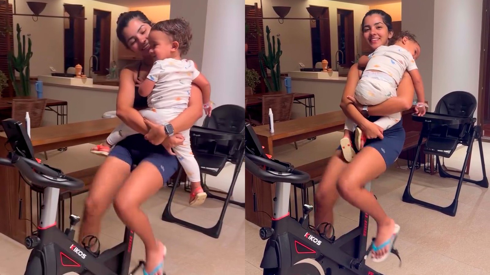 Focada! Ary Mirelle faz cardio e dá colo para filho: 'Quem quer, dá um jeito'