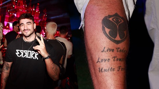 No Tomorrowland Brasil, Gui Napolitano exibe tatuagem de smbolo do festival: 'F nmero 1'