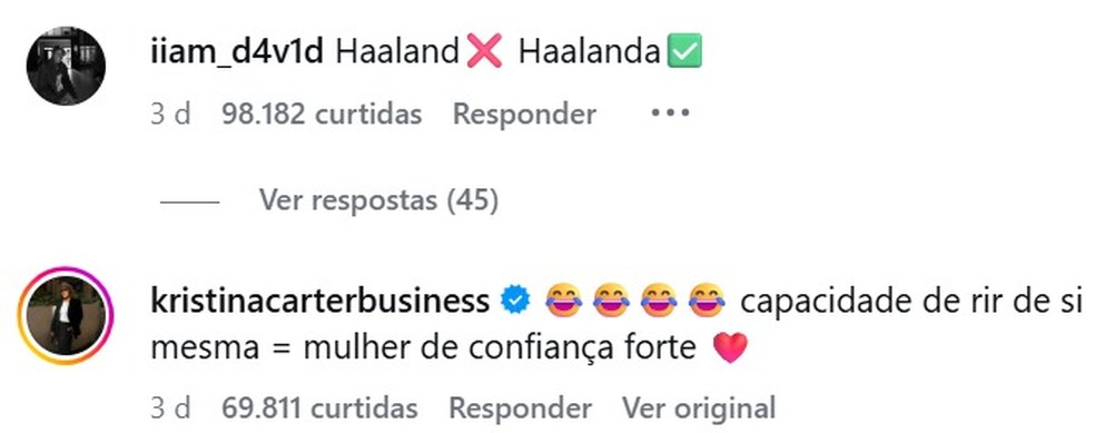 Influenciadora sueca viraliza imitando Haaland e web reage — Foto: Instagram