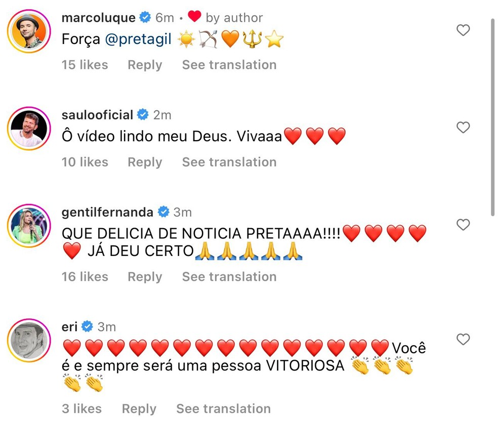 Famosos celebram alta hospitalar de Preta Gil — Foto: Reprodução/Instagram