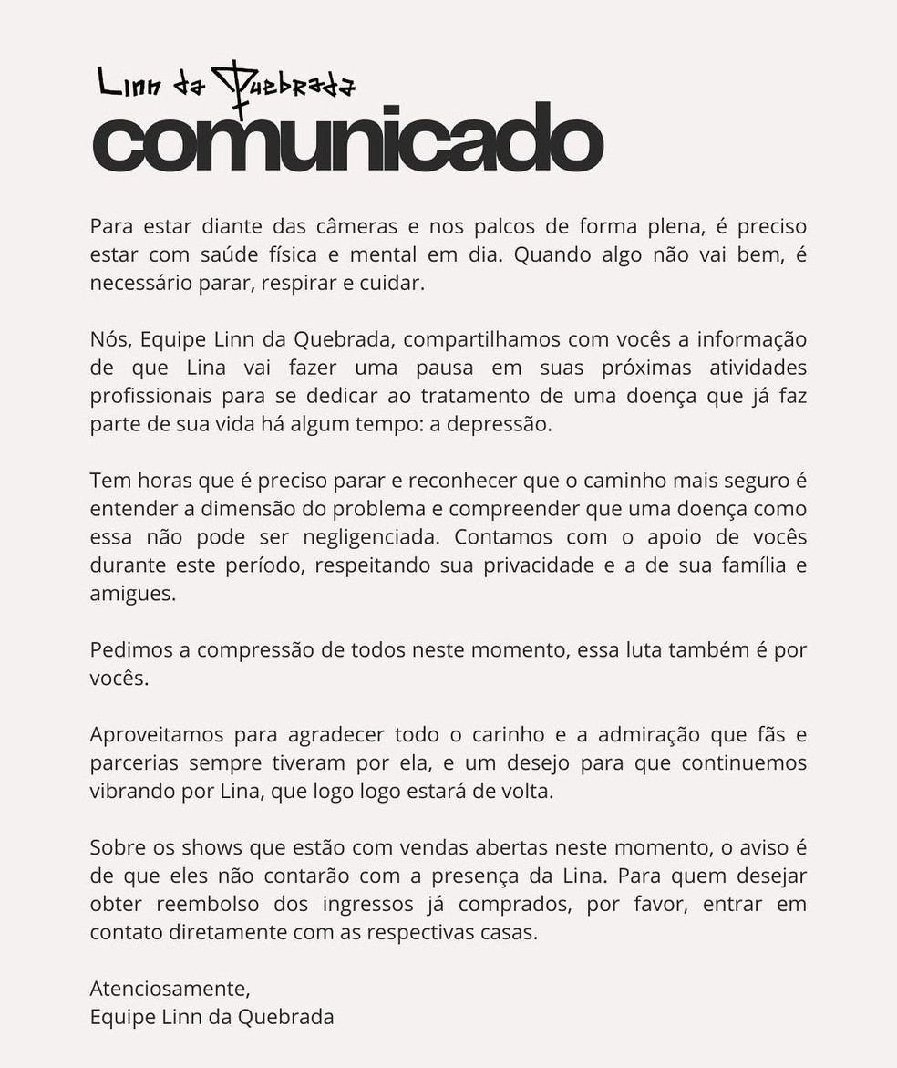 Linn da Quebrada anuncia pausa na carreira para tratar depress&atilde;o | TV &  Famosos | gshow