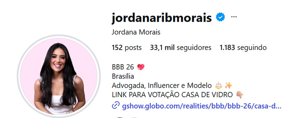 Veja quantos seguidores Jordana tinha ao ser anunciada no BBB 26 — Foto: reprodução/Instagram