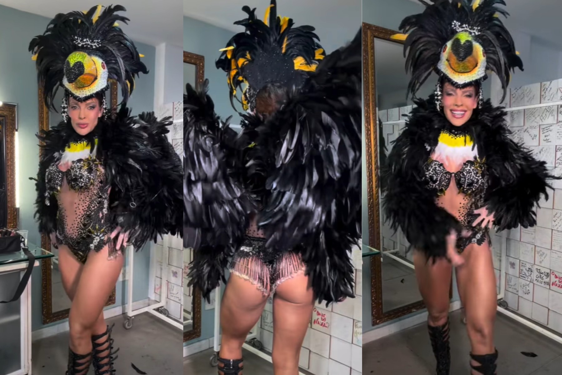 Jaquelline Grohalski usa figurino inspirado em tucano para ensaio da Unidos de Padre Miguel