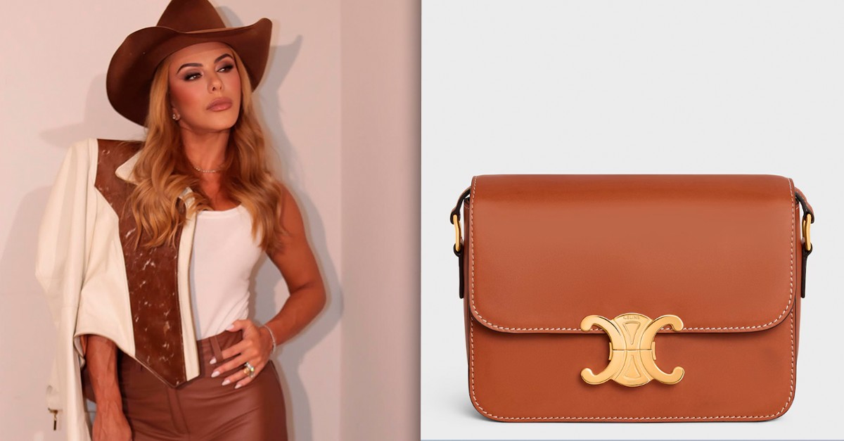 Poliana Rocha com look caramelo e bolsa Celine no show de Leonardo em Barretos