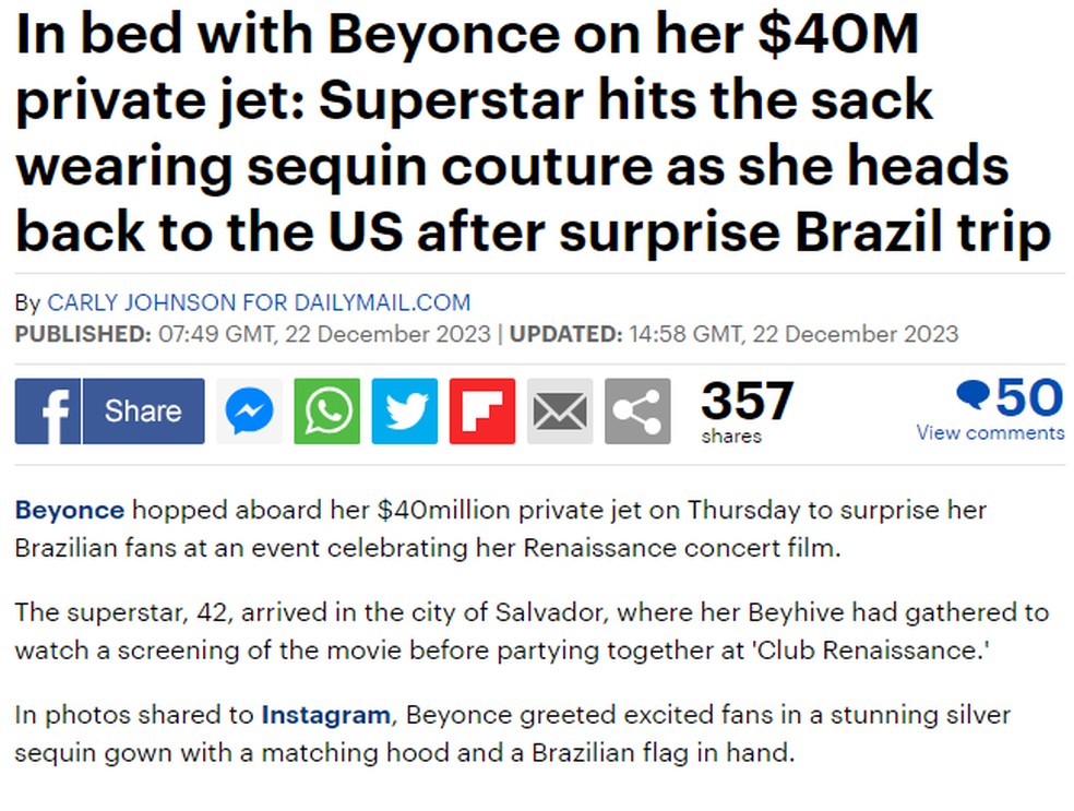 Jatinho particular usado por Beyoncé para vir ao Brasil repercute na mídia internacional — Foto: Daily Mail