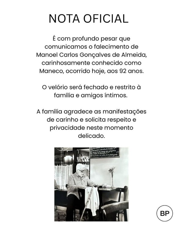 Comunicado sobre a morte de Manoel Carlos — Foto: Reprodução/Redes sociais