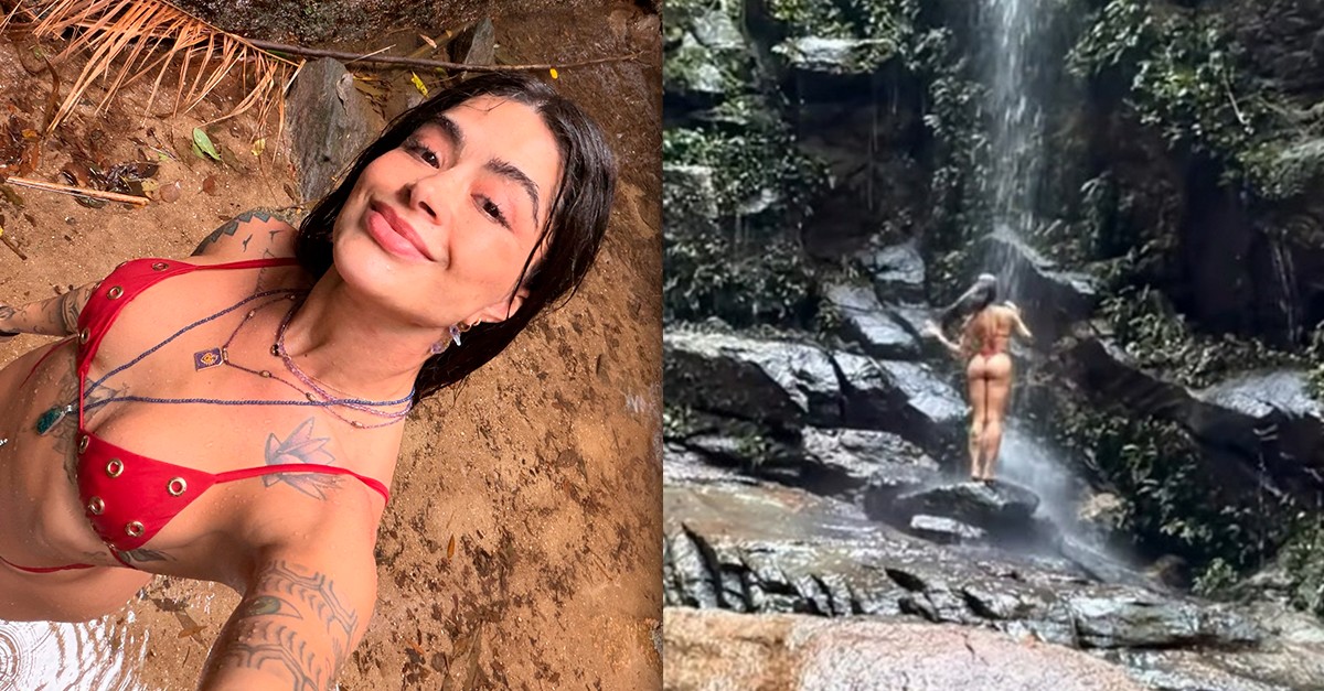 De biquíni, Aline Campos curte cachoeira e posta reflexão