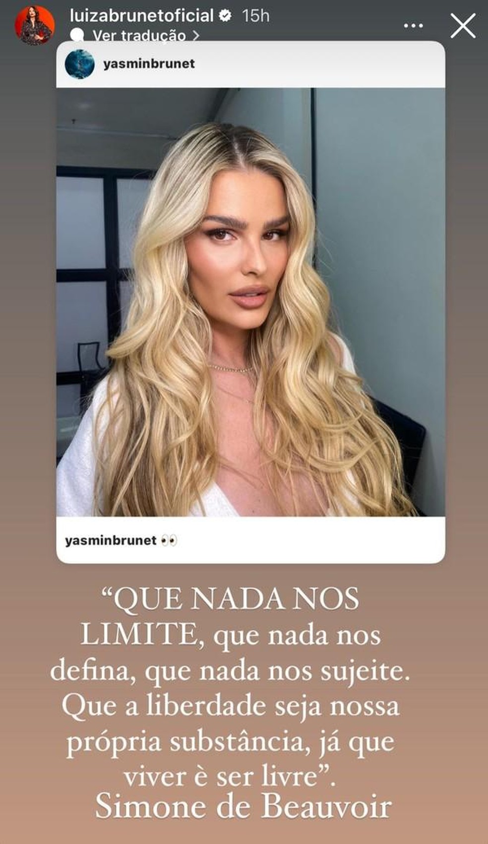 Luiza Brunet defende a filha, Yasmin Brunet — Foto: Reprodução/Instagram