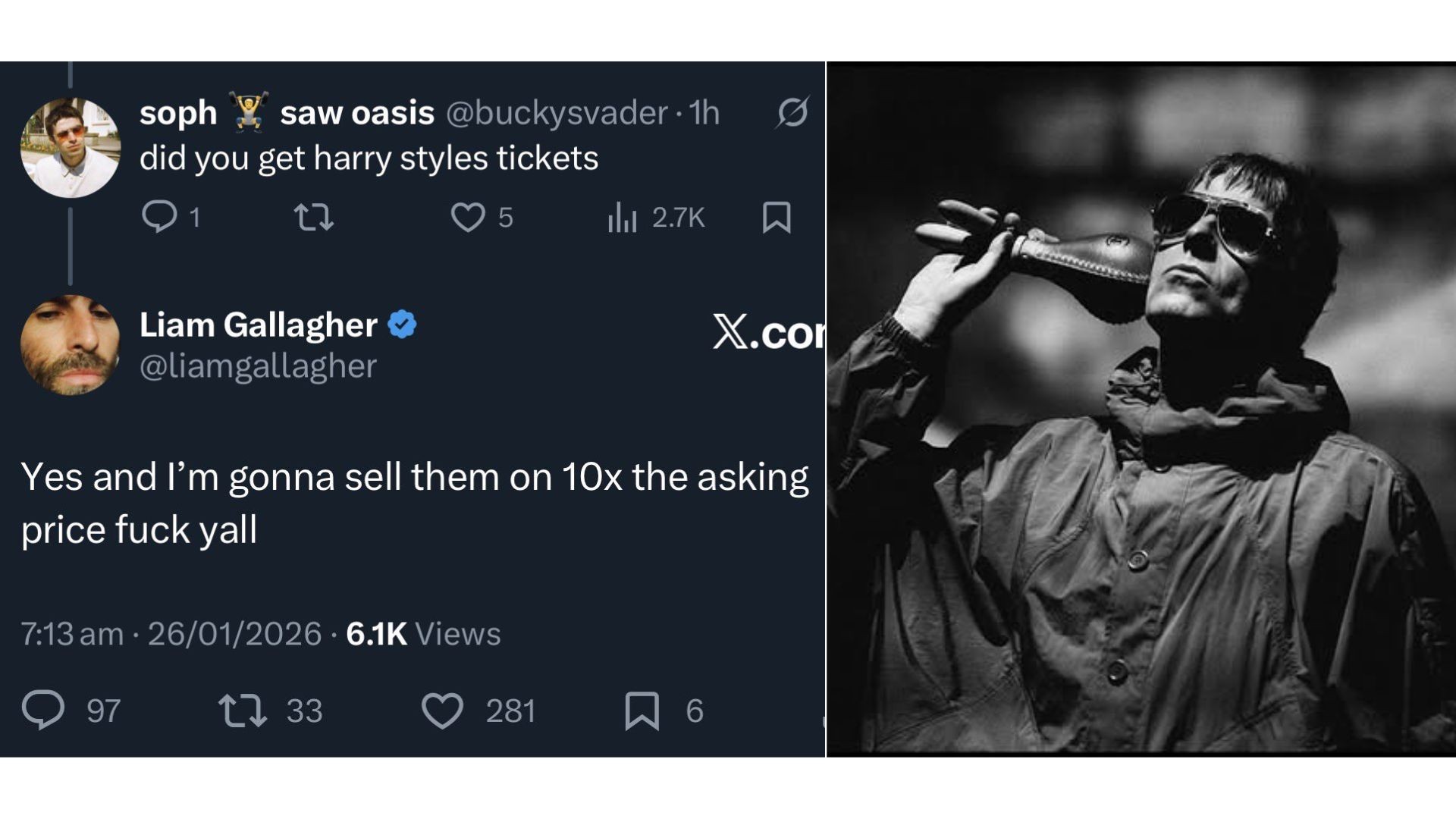 Liam Gallagher ironiza disputa por ingressos de Harry Styles: 'revender por 10 vezes mais'