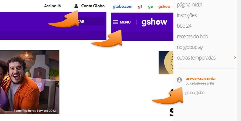 Como votar no BBB 24: veja como se cadastrar no site pelo computador, acessando o menu no topo da página do lado direito ou esquerdo — Foto: Globo