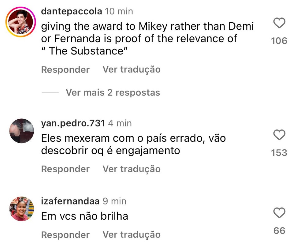 Brasileiros reclamam de derrota de Fernanda Torres — Foto: Reprodução/Instagram