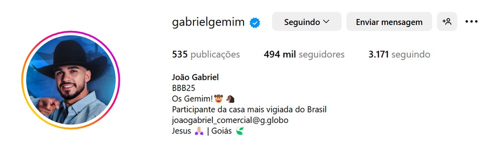 Perfil de João Gabriel após 2 meses de programa — Foto: Reprodução / Instagram