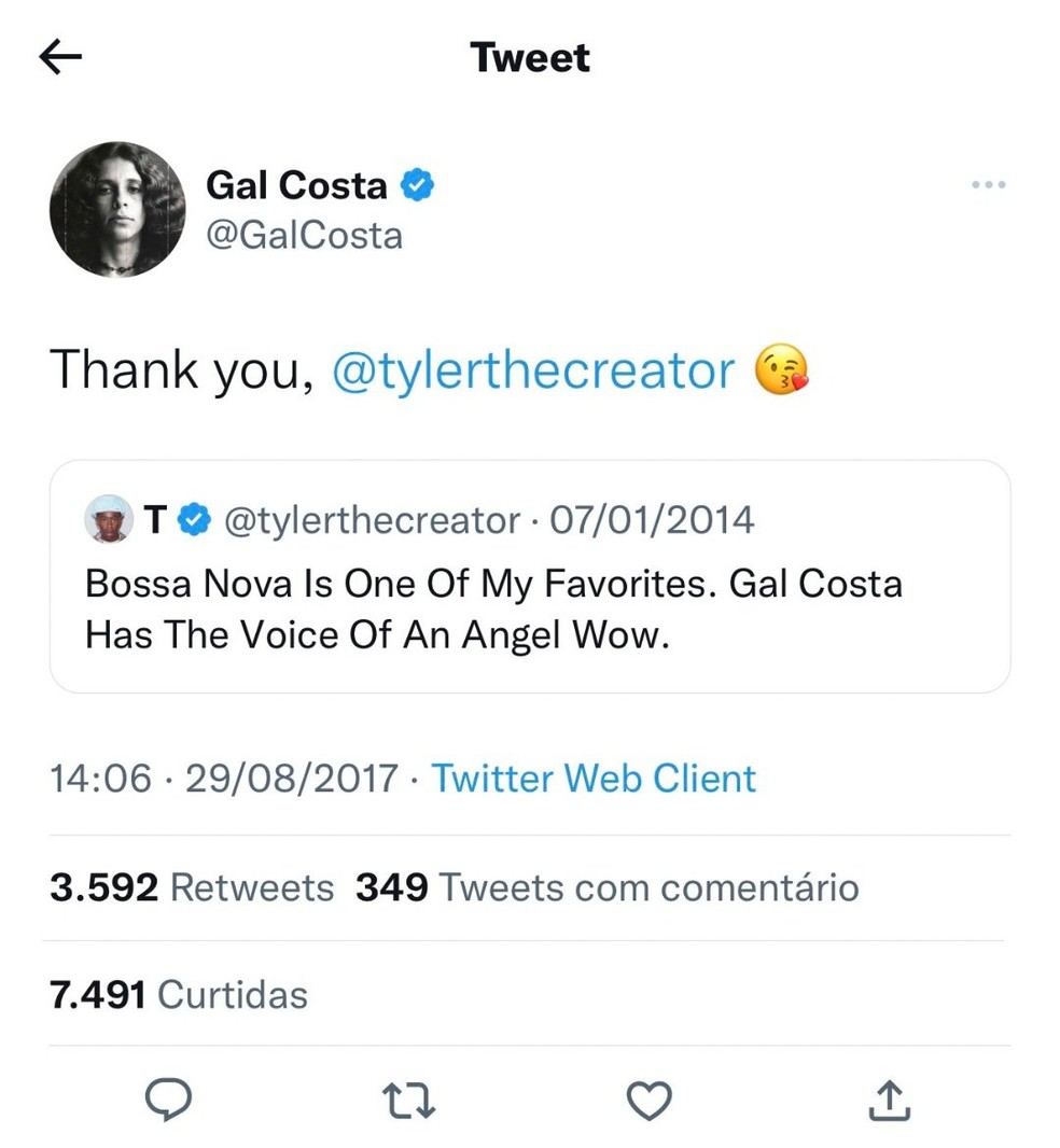 Tyler, The Creator, rapper estadunidense, lamenta a morte de Gal Costa — Foto: Twitter