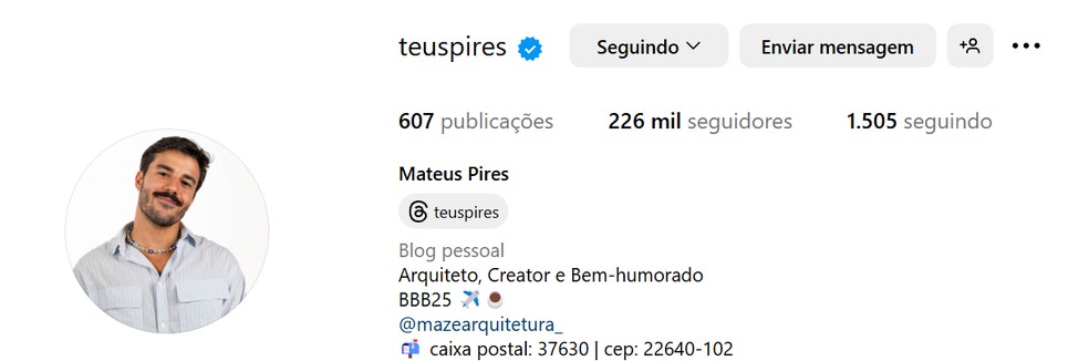 Perfil de Mateus após 2 meses de programa — Foto: Reprodução / Instagram