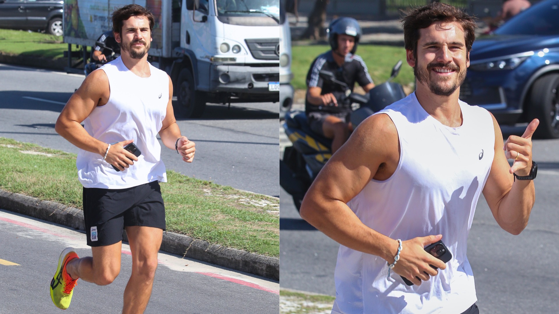 Nicolas Prattes surge correndo na orla da Barra da Tijuca após lua de mel com Sabrina Sato