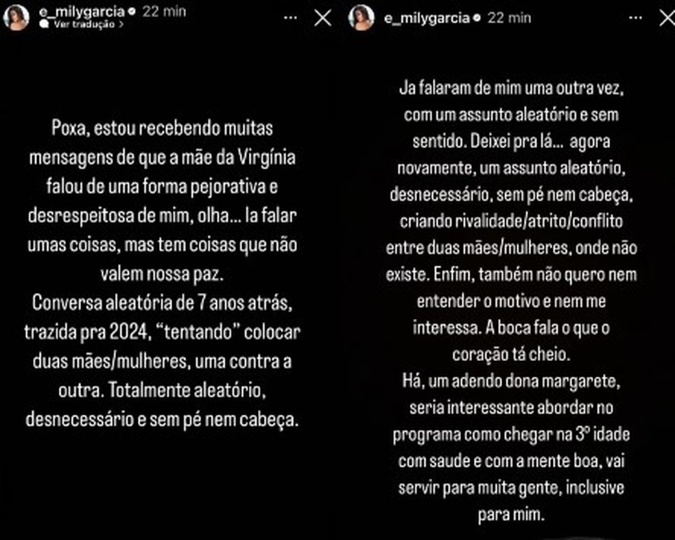 Emily Garcia responde comentários da mãe de Virginia — Foto: Reprodução/Instagram