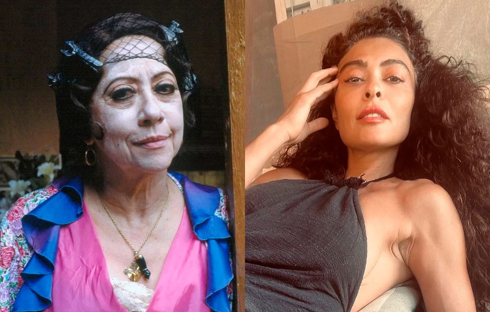 Fernanda Montenegro como Jacutinga na primeira versão de Renascer. Juliana Paes fará a personagem agora — Foto: Globo e Reprodução Instagram
