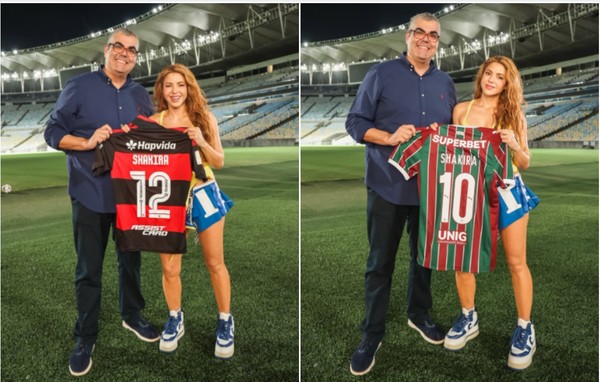 Shakira vai ao Maracanã e posa com camisa do Flamengo e do Fluminense — Foto: Reprodução/Instagram/@luizfrancad
