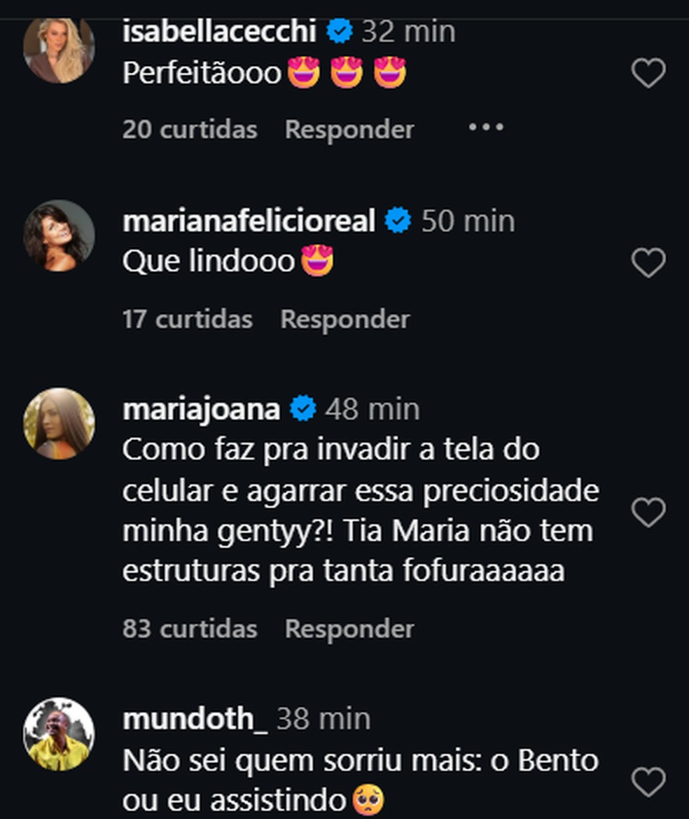 Internautas elogiam fofura de Bento em publicação de Carol Peixinho — Foto: Reprodução/Instagram