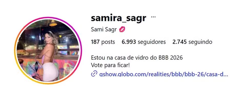 Veja quantos seguidores Samira tinha ao ser anunciada no BBB 26 — Foto: reprodução/Instagram