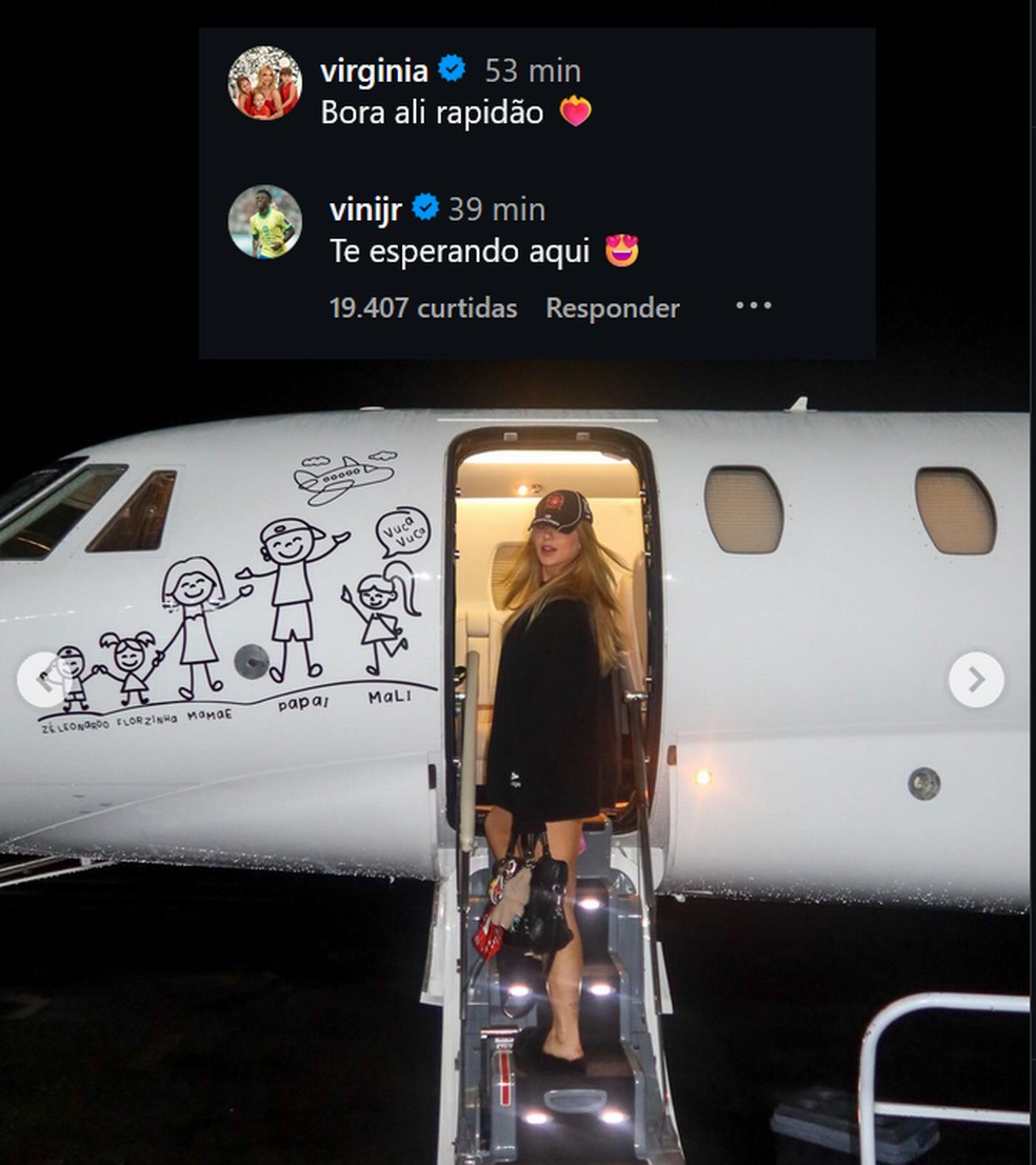 Em dia de ensaio cancelado, Virginia viaja para Madri e Vini Jr reage: 'Te esperando aqui' — Foto: Reprodução/Instagram