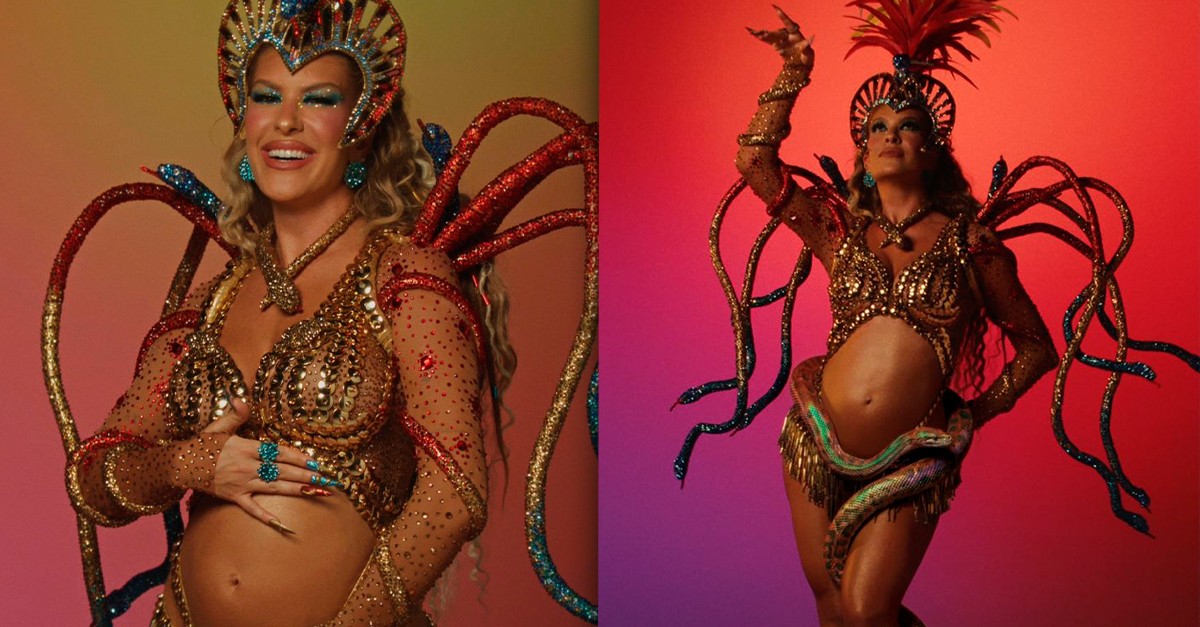 Grávida, Lore Improta exibe barrigão em fantasia de serpentes pela Viradouro