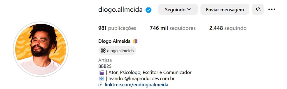 Perfil de Diogo Almeida após 2 meses de programa — Foto: Reprodução / Instagram