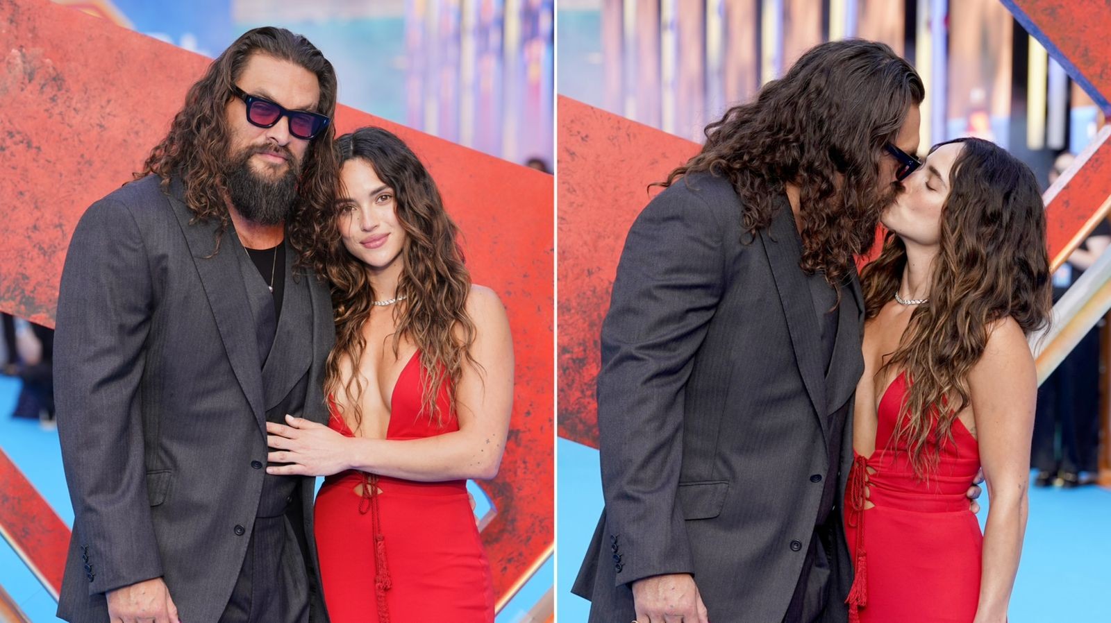 Em rara aparição, Jason Momoa beija muito a namorada, Adria Arjona, em première de 'Supergirl'