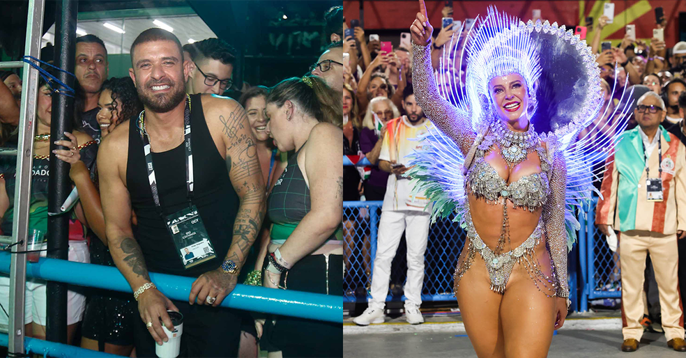 Diogo Nogueira baba por Paolla Oliveira em desfile da Grande Rio  Foto: Brazil News