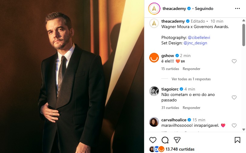 Perfil do Oscar publica foto de Wagner Moura e brasileiros invadem comentários: 'Começou'