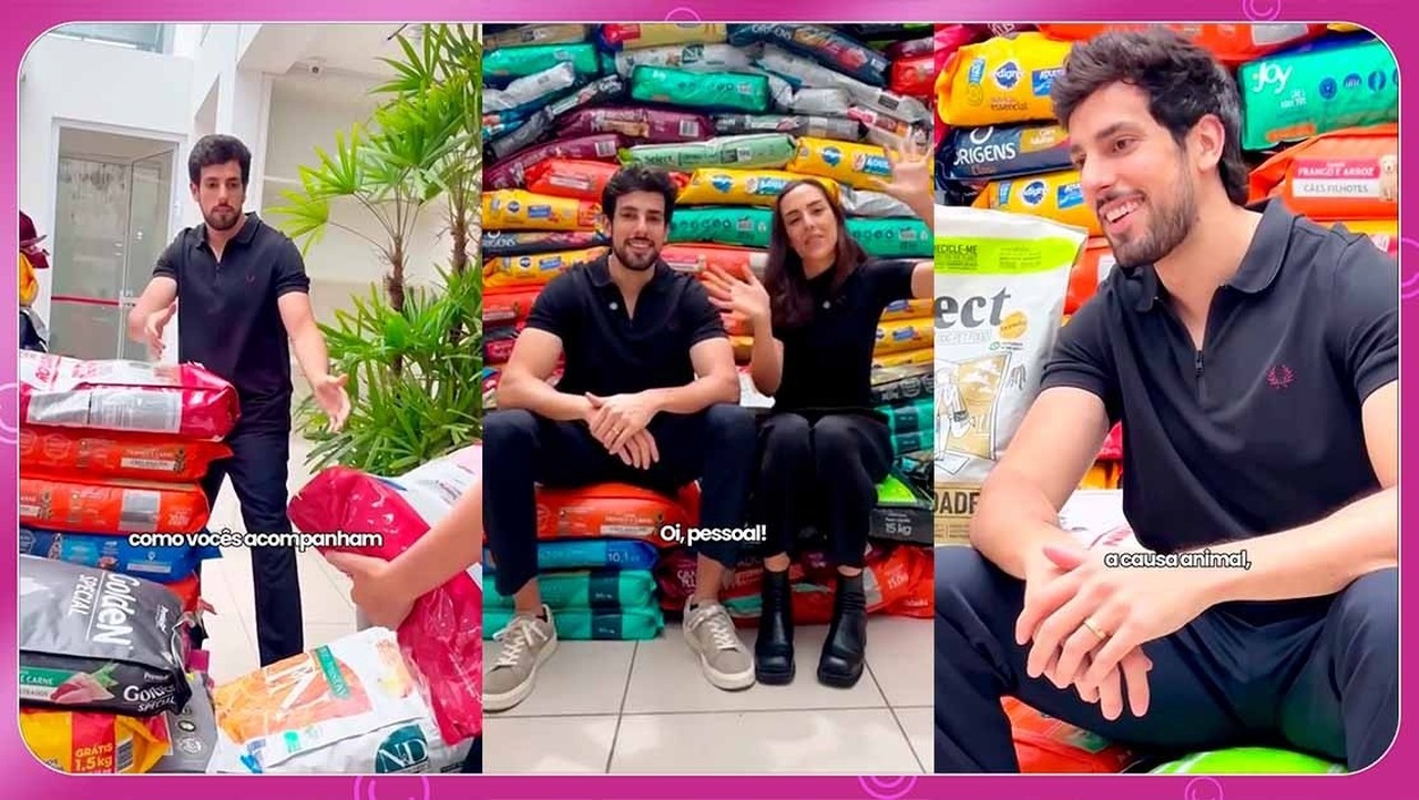 Lara e Julinho Casares agradecem sacos de ração que receberam como presente de casamento