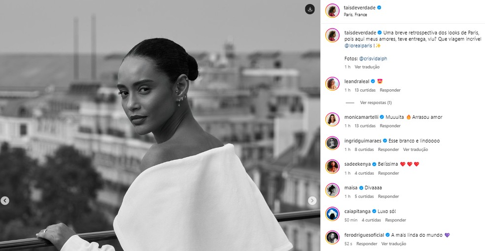 Taís Araujo abre álbum na Semana de Moda de Paris e recebe elogios das famosas — Foto: Instagram