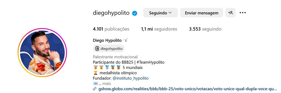 Perfil de Diego Hypolito após 2 meses de programa — Foto: Reprodução / Instagram