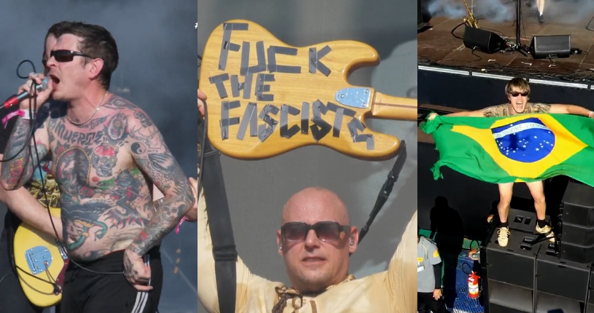 Show de Viagra Boys no Lolla tem recado em guitarra, tecladista na galera e com bandeira do Brasil e rodinha punk