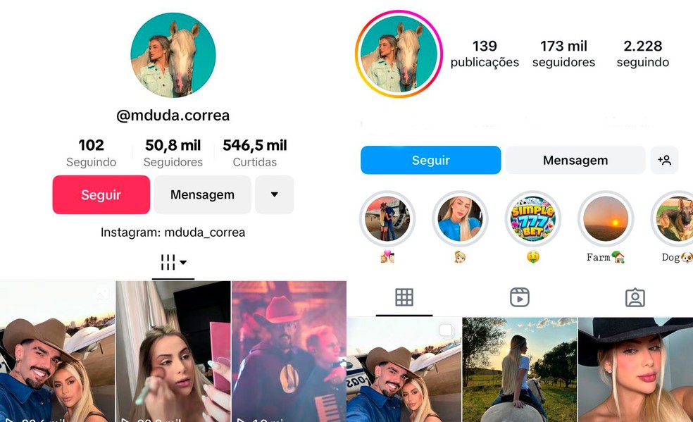 Perfil na rede social da namorada de Luan Pereira — Foto: Reprodução/Instagram e TikTok