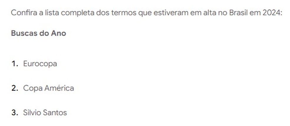 Silvio Santos foi o terceiro termo mais buscado no Google Brasil em 2024 — Foto: Google