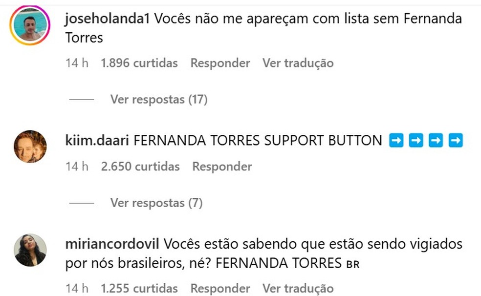 'Não me apareçam com lista sem Fernanda Torres', diz internauta brasileiro em postagem da Academia pré-indicação ao Oscar 2025 — Foto: Instagram