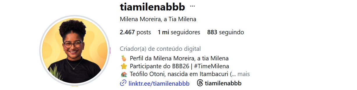 Milena, do BBB 26, atinge 1 milhão de seguidores nas redes sociais